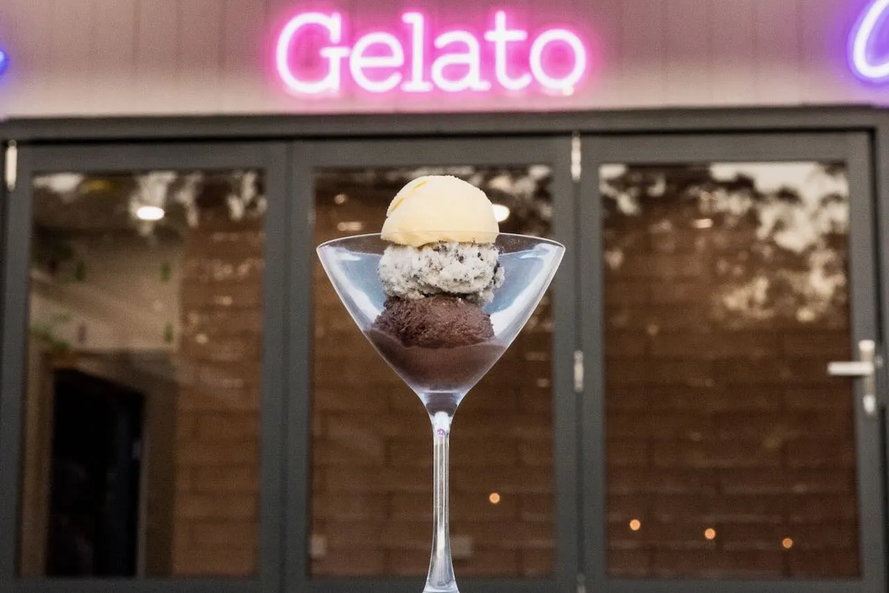 Photo of a variety of Gelato flavours in a glass serving cup