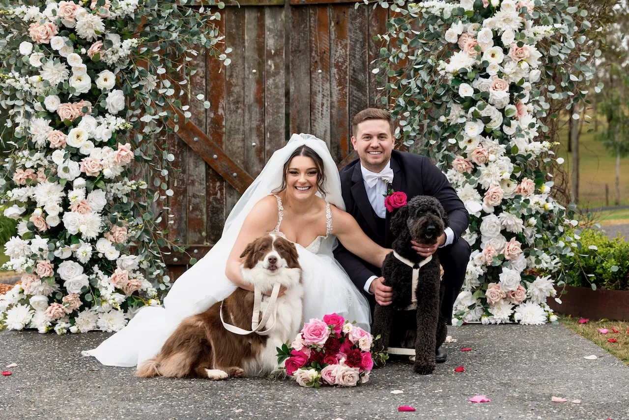 Photo of a Bride and Groom with their two dogs kneeling in front of a flower wall 