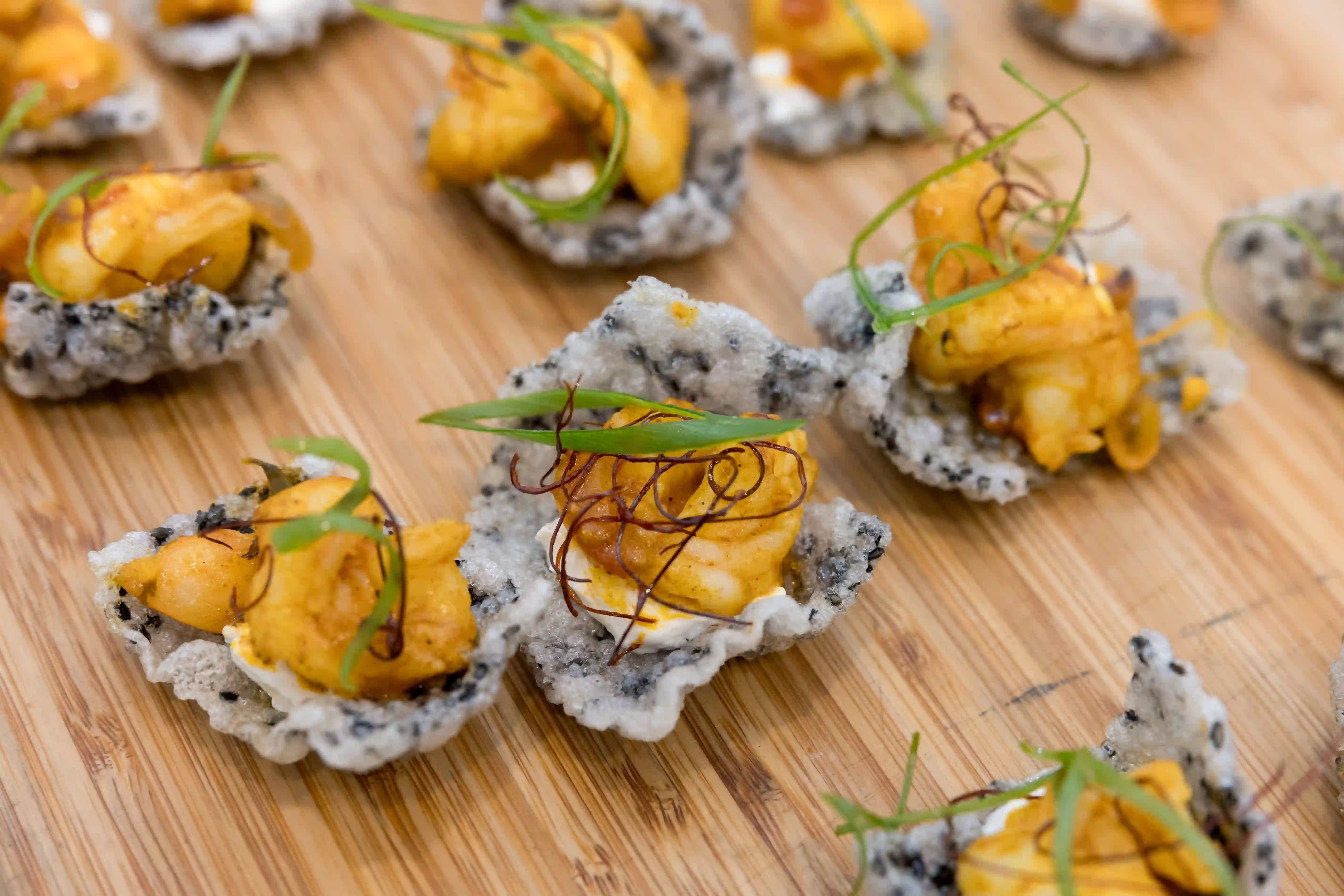 Masala Prawns, Yoghurt, Sesame Cracker