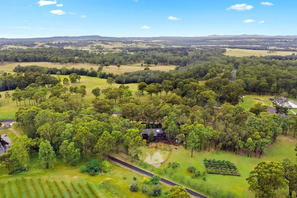 Aerial view of White Barn Guest House on the Pokolbin estate