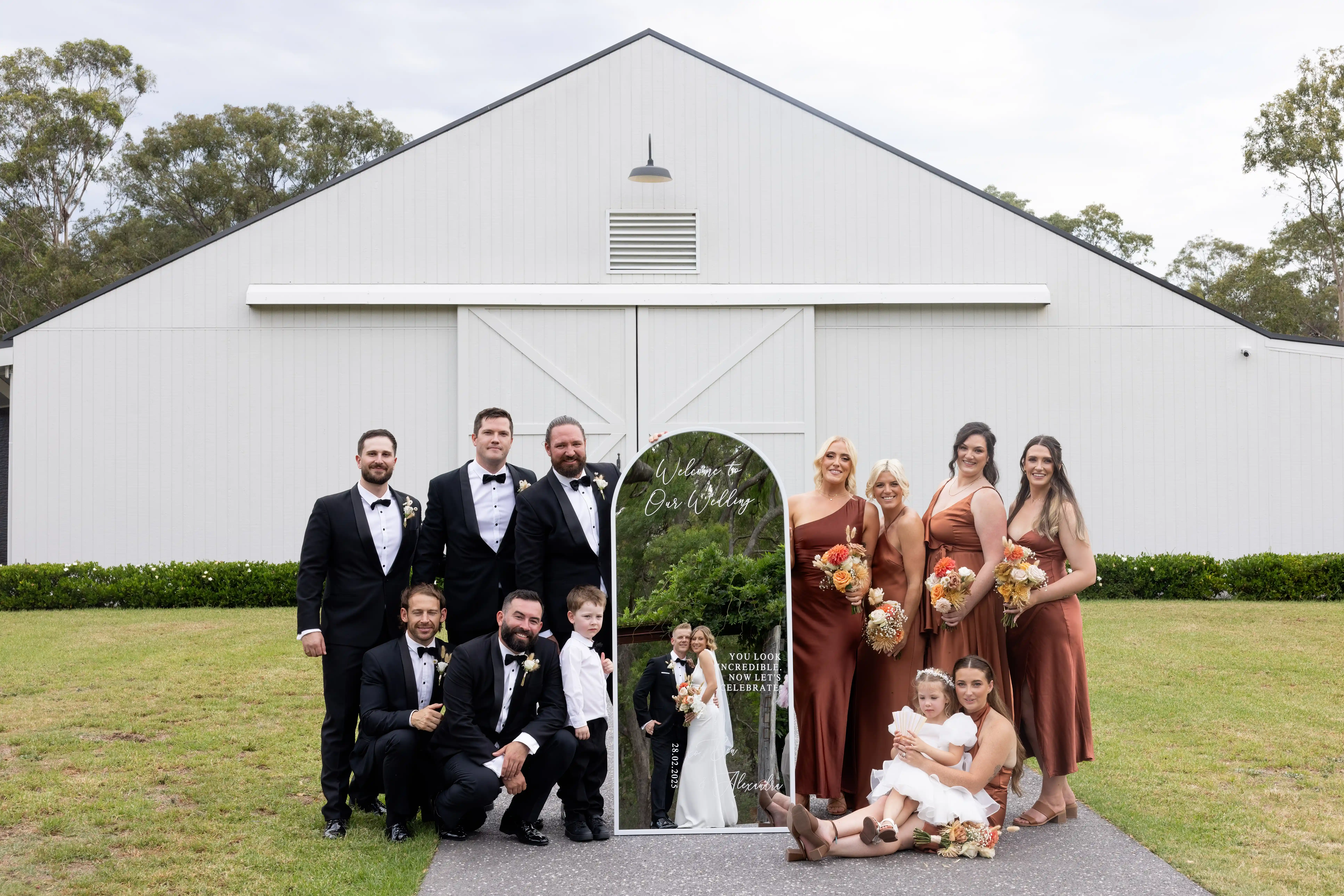 Wedding party celebrating at White Barn Pokolbin
