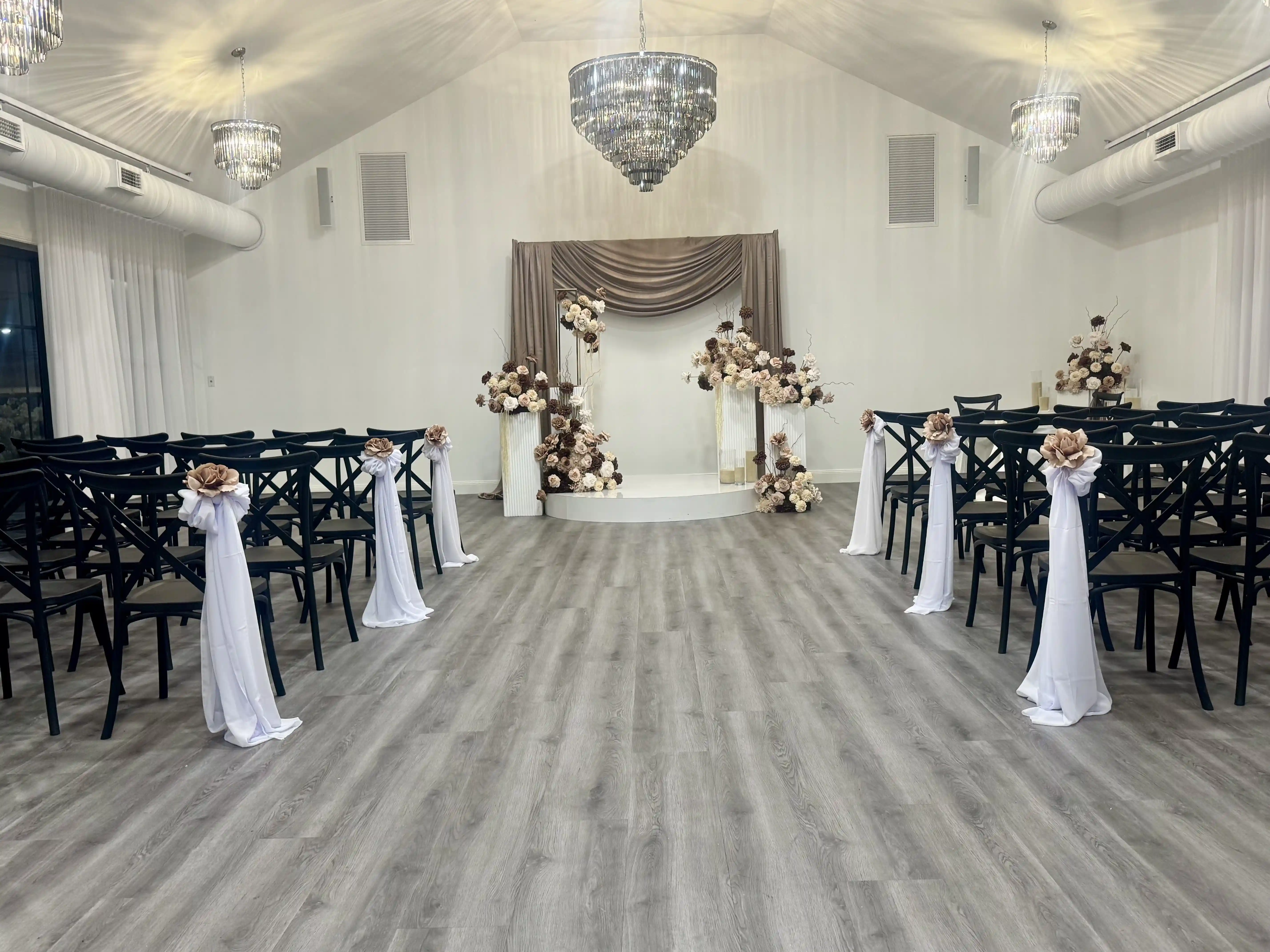 White Chapel Pokolbin silk arbour and ceremony seating